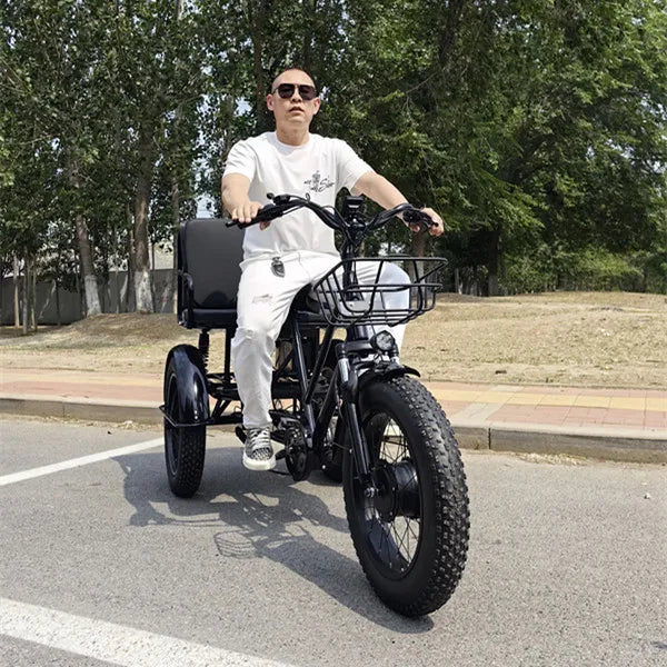 Tricycle Électrique 48V 500W avec Banc Arrière - Pneus Larges 3 Roues pour Adultes