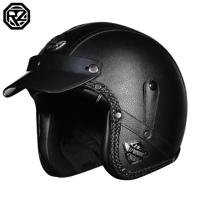 Casque de Moto Rétro en Cuir PU - Style Chopper 3/4 Ouvert avec Certification DOT