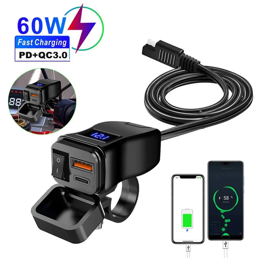 Chargeur USB Moto QC3.0 60W - Double Port Rapide avec Voltmètre Étanche 12V