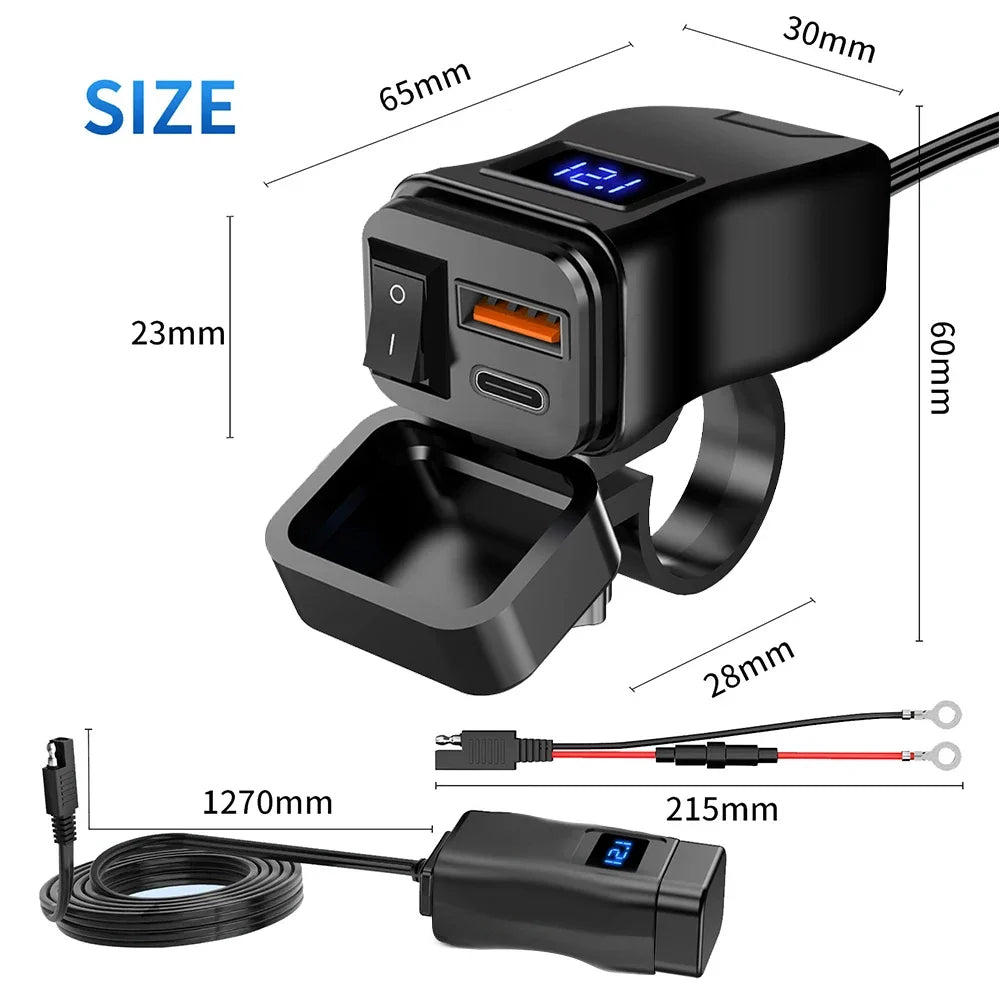 Chargeur USB Moto QC3.0 60W - Double Port Rapide avec Voltmètre Étanche 12V
