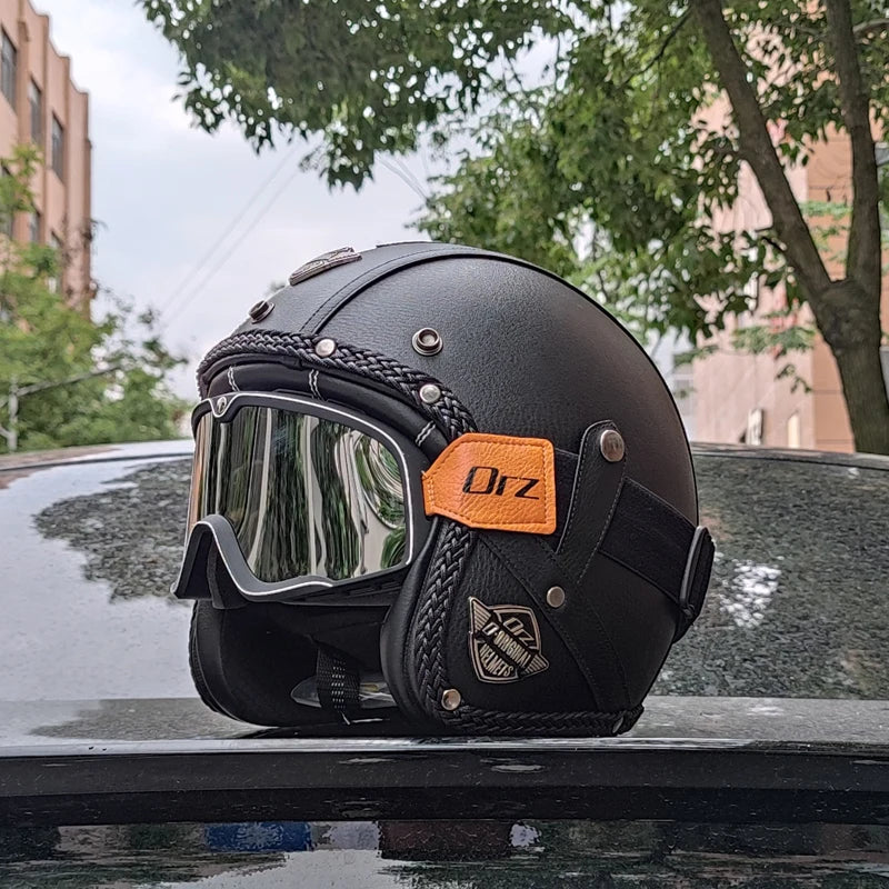 Casque de Moto Rétro en Cuir PU - Style Chopper 3/4 Ouvert avec Certification DOT