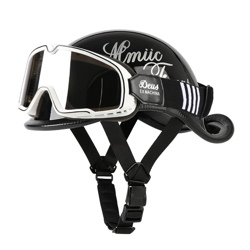 Casque Moto Demi-Jet VGV Rétro avec Lunettes - Scooter & Cruiser