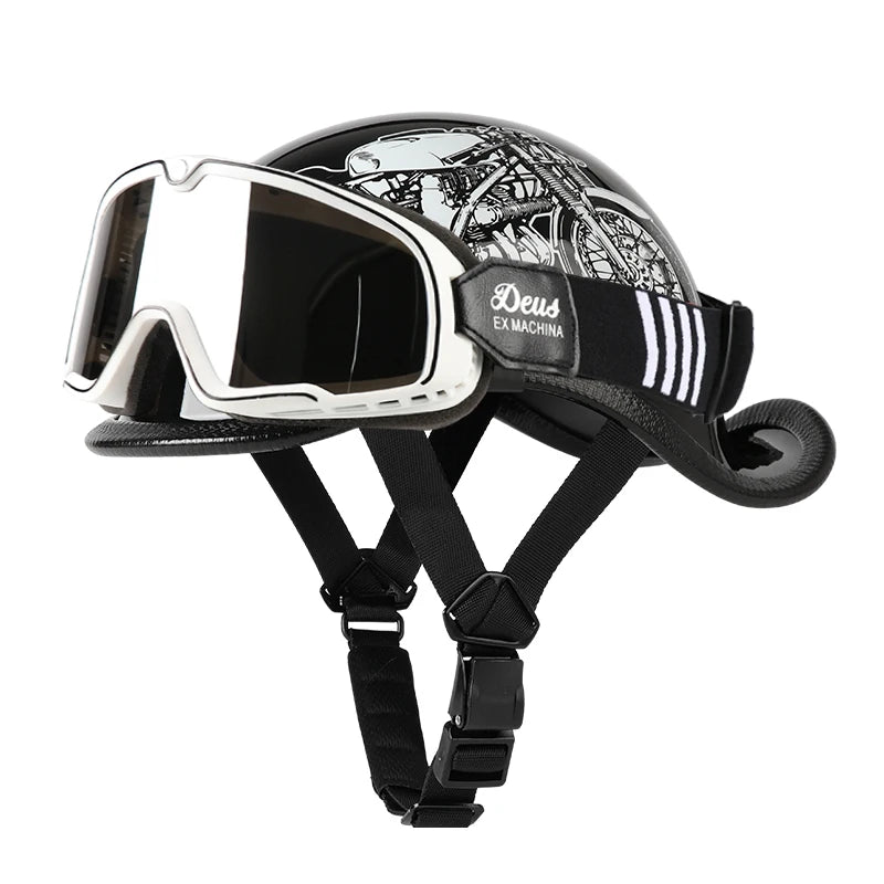Casque Moto Demi-Jet VGV Rétro avec Lunettes - Scooter & Cruiser