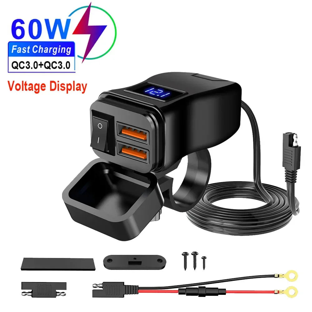 Chargeur USB Moto QC3.0 60W - Double Port Rapide avec Voltmètre Étanche 12V