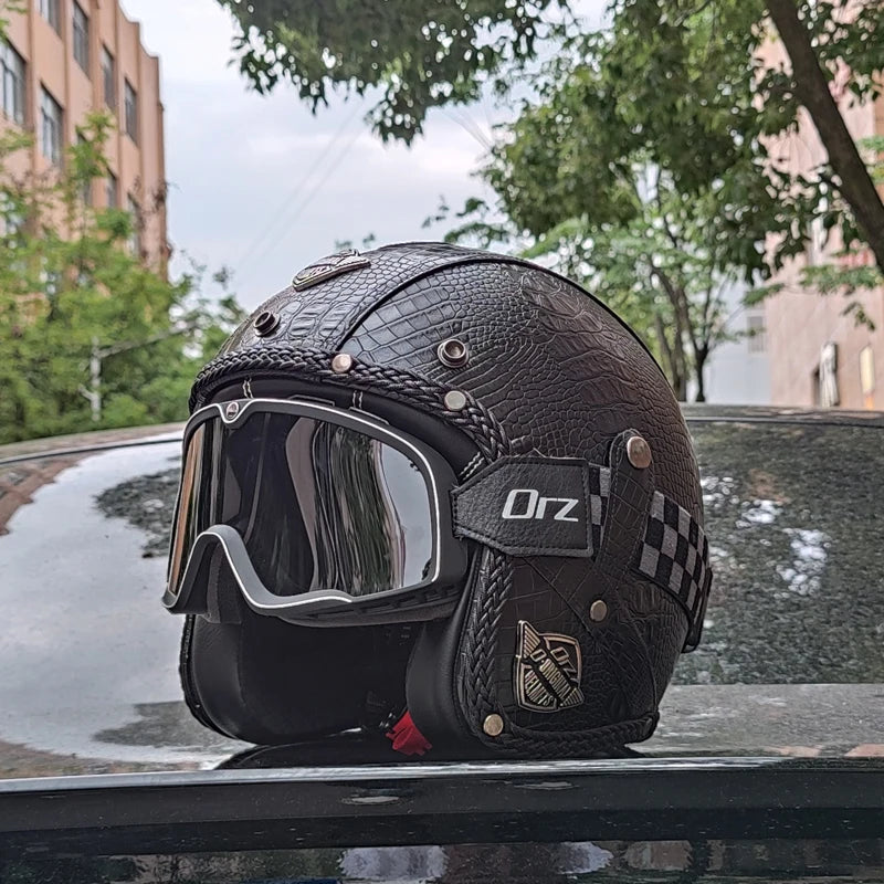 Casque de Moto Rétro en Cuir PU - Style Chopper 3/4 Ouvert avec Certification DOT
