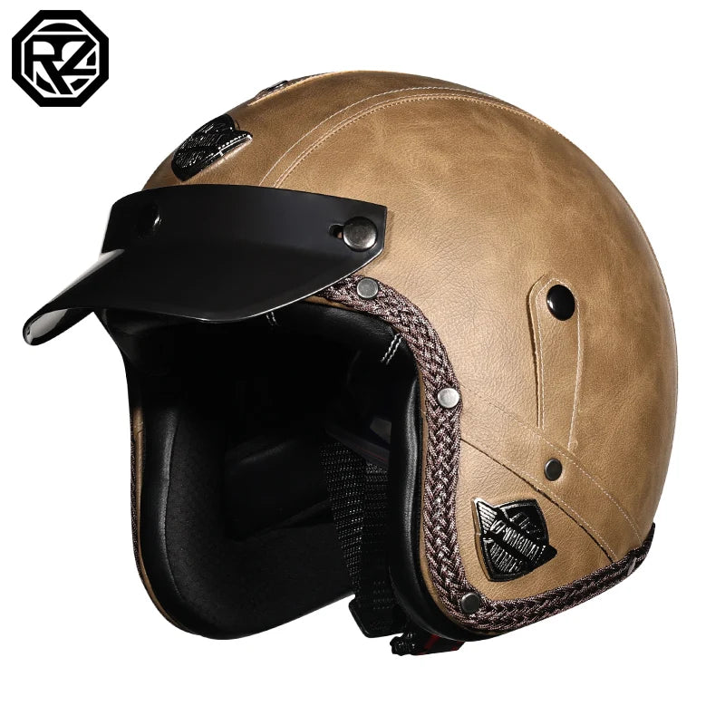 Casque de Moto Rétro en Cuir PU - Style Chopper 3/4 Ouvert avec Certification DOT