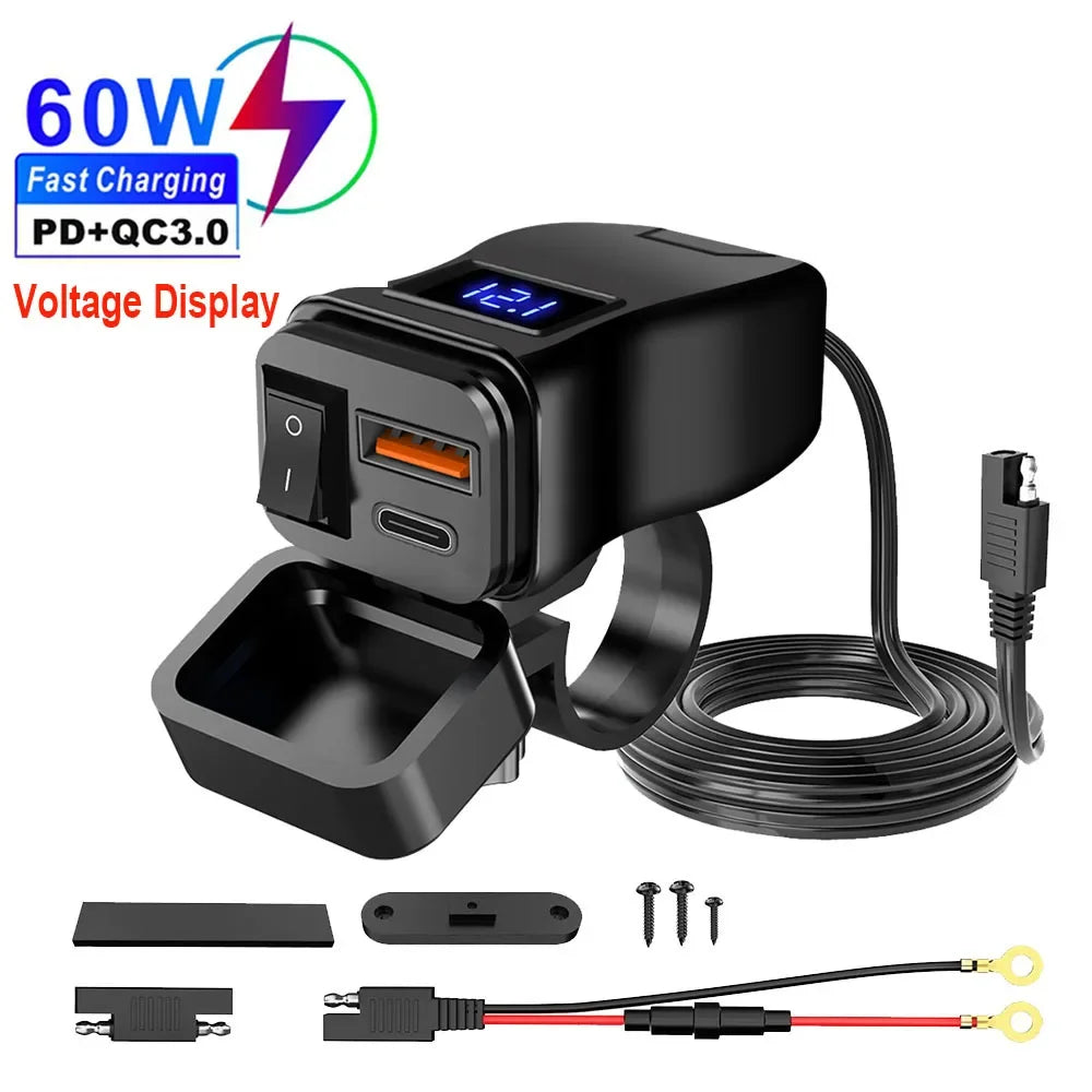 Chargeur USB Moto QC3.0 60W - Double Port Rapide avec Voltmètre Étanche 12V
