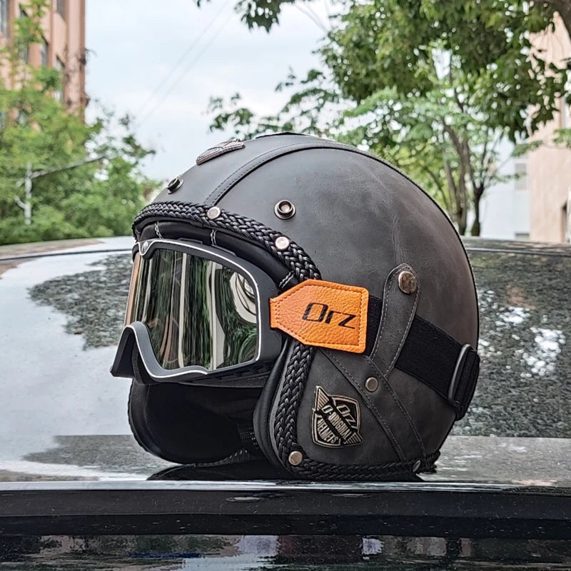 Casque de Moto Rétro en Cuir PU - Style Chopper 3/4 Ouvert avec Certification DOT