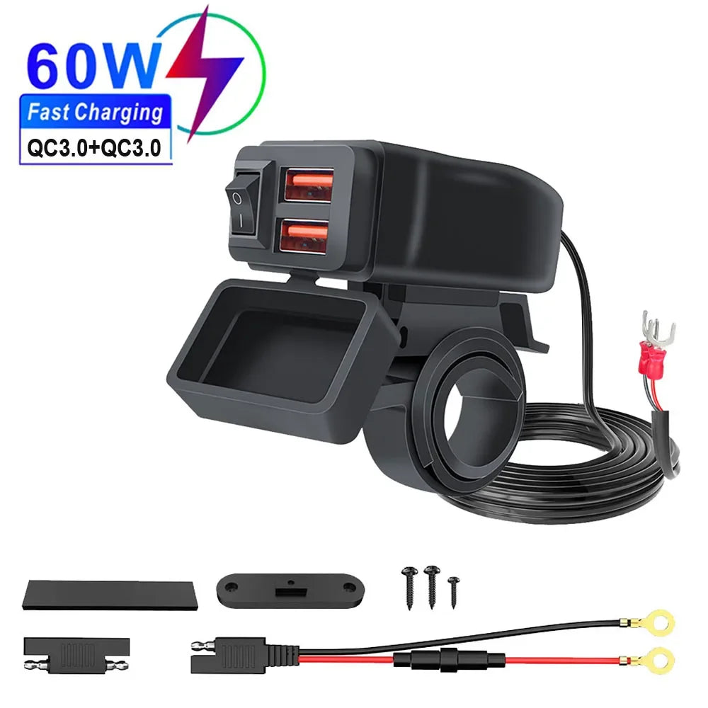 Chargeur USB Moto QC3.0 60W - Double Port Rapide avec Voltmètre Étanche 12V