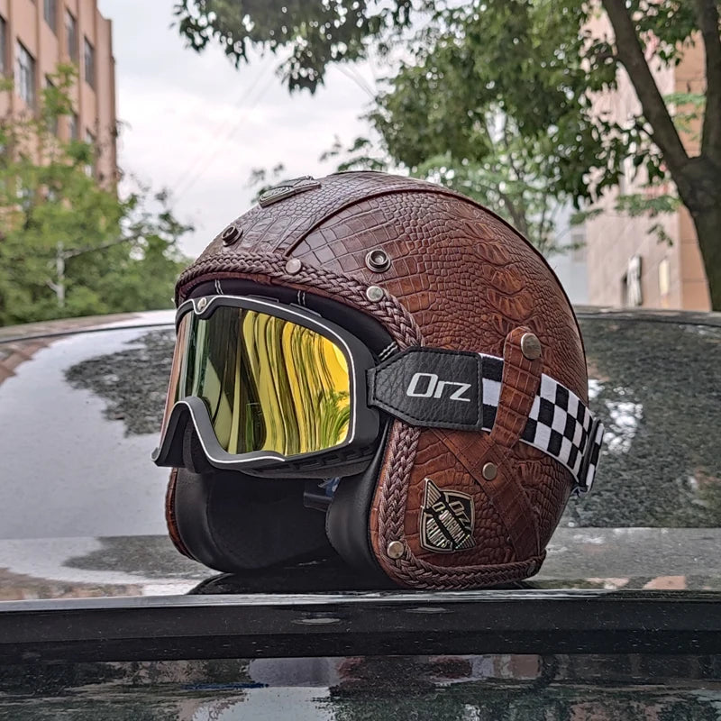 Casque de Moto Rétro en Cuir PU - Style Chopper 3/4 Ouvert avec Certification DOT