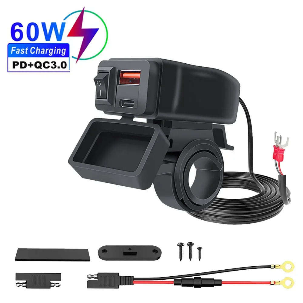 Chargeur USB Moto QC3.0 60W - Double Port Rapide avec Voltmètre Étanche 12V