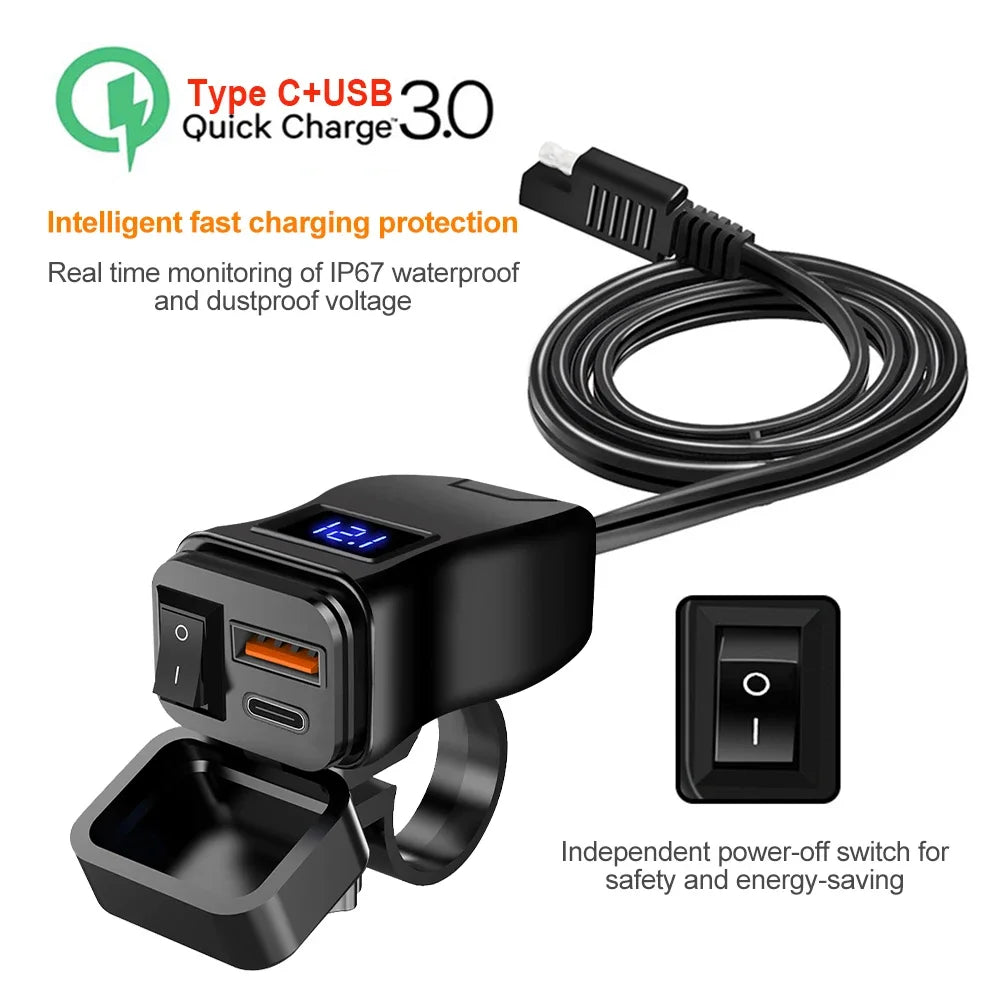 Chargeur USB Moto QC3.0 60W - Double Port Rapide avec Voltmètre Étanche 12V