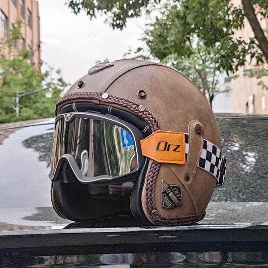 Casque de Moto Rétro en Cuir PU - Style Chopper 3/4 Ouvert avec Certification DOT