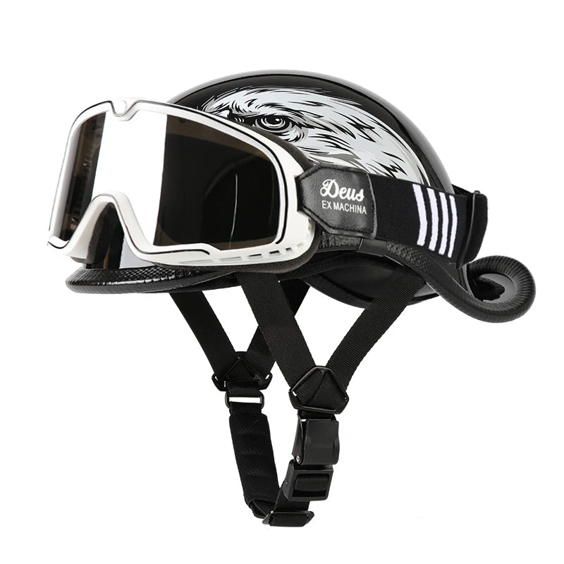 Casque Moto Demi-Jet VGV Rétro avec Lunettes - Scooter & Cruiser