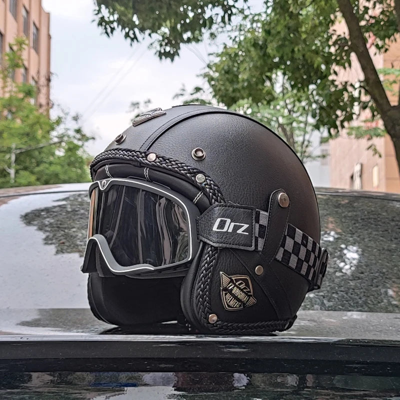 Casque de Moto Rétro en Cuir PU - Style Chopper 3/4 Ouvert avec Certification DOT