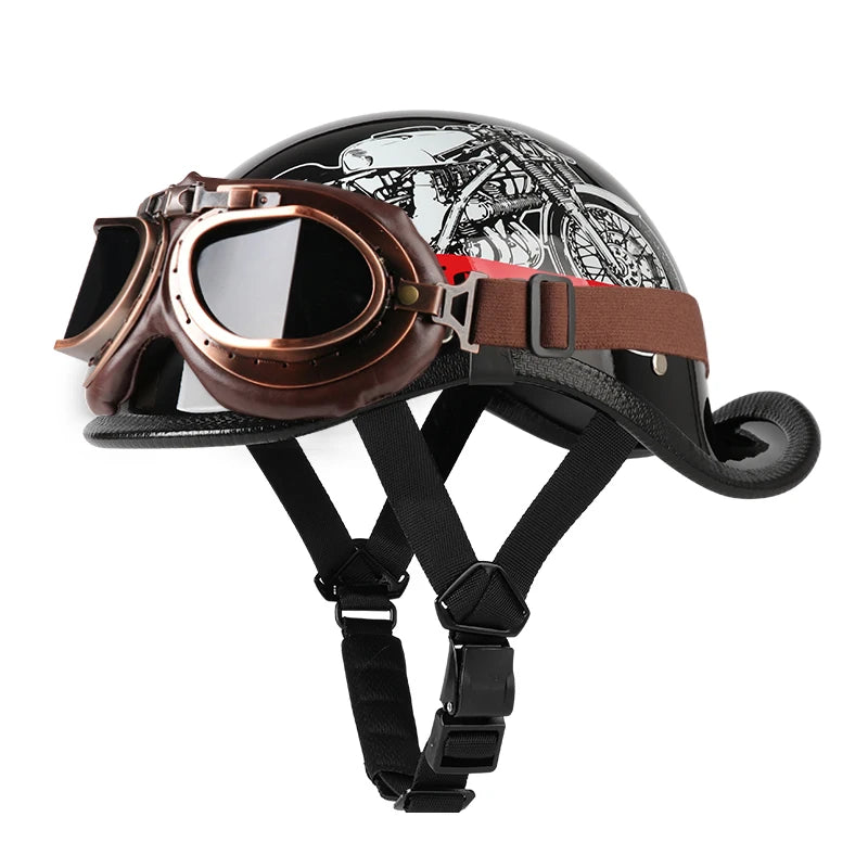Casque Moto Demi-Jet VGV Rétro avec Lunettes - Scooter & Cruiser