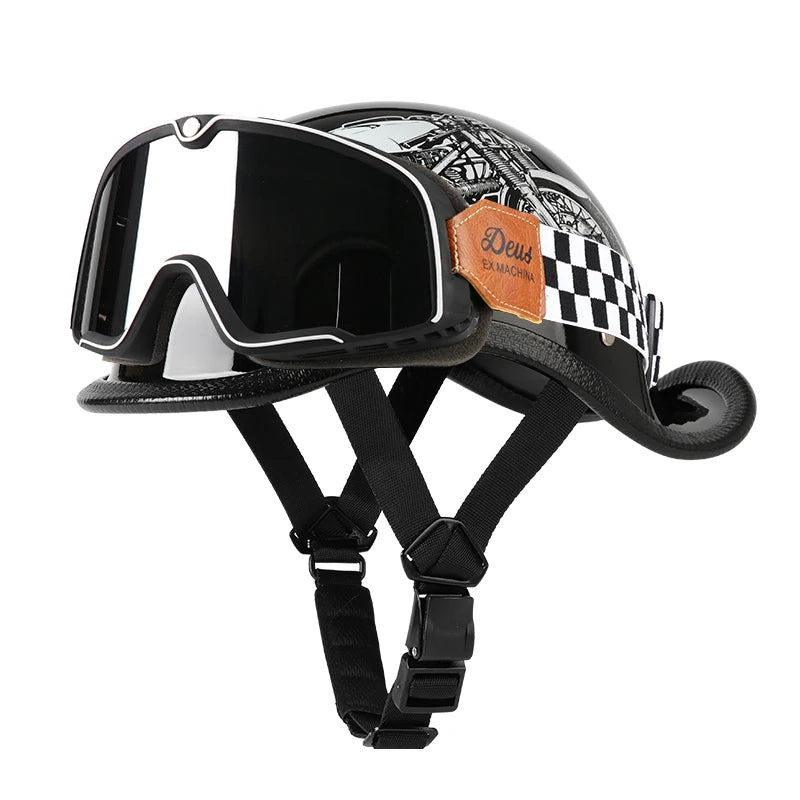 Casque Moto Demi-Jet VGV Rétro avec Lunettes - Scooter & Cruiser