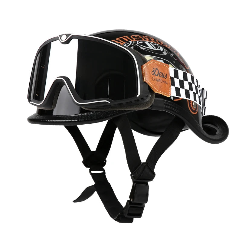 Casque Moto Demi-Jet VGV Rétro avec Lunettes - Scooter & Cruiser
