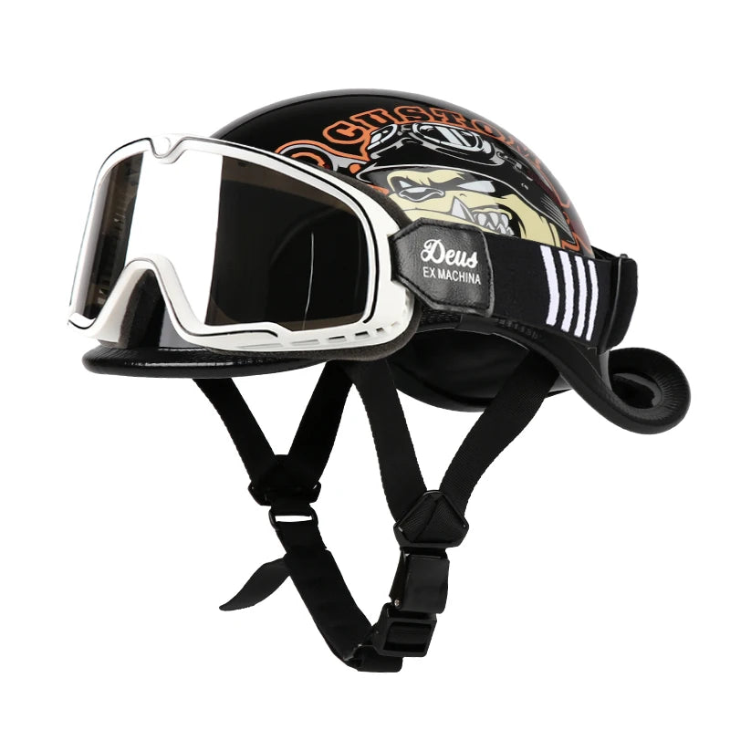 Casque Moto Demi-Jet VGV Rétro avec Lunettes - Scooter & Cruiser