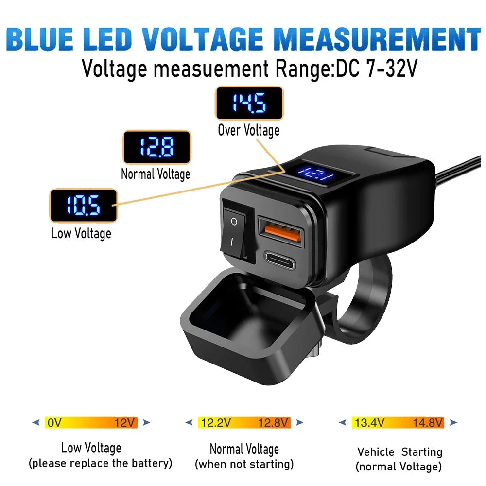 Chargeur USB Moto QC3.0 60W - Double Port Rapide avec Voltmètre Étanche 12V