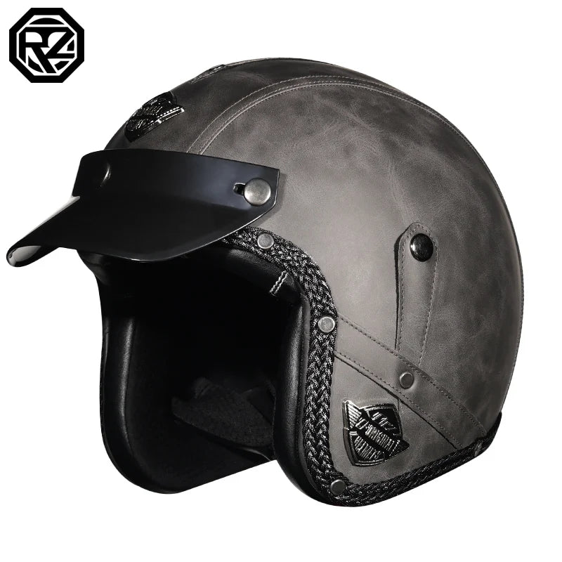 Casque de Moto Rétro en Cuir PU - Style Chopper 3/4 Ouvert avec Certification DOT